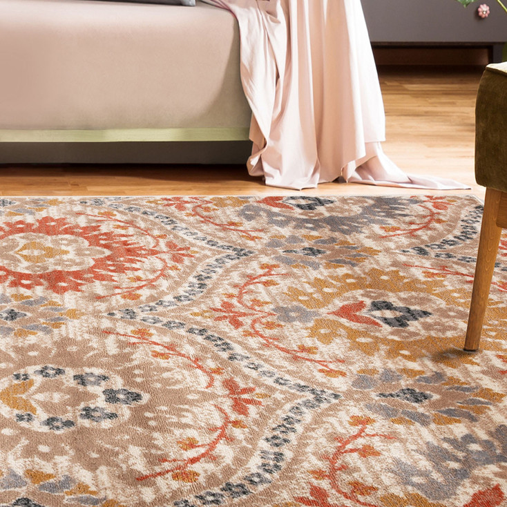 4' x 6' Ivory Orange and Gray Floral Stain Resistant Area Rug