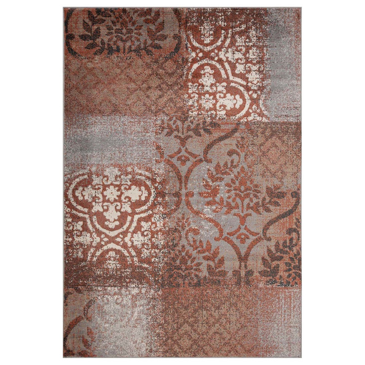 4' x 6' Rust and Gray Damask Distressed Stain Resistant Area Rug