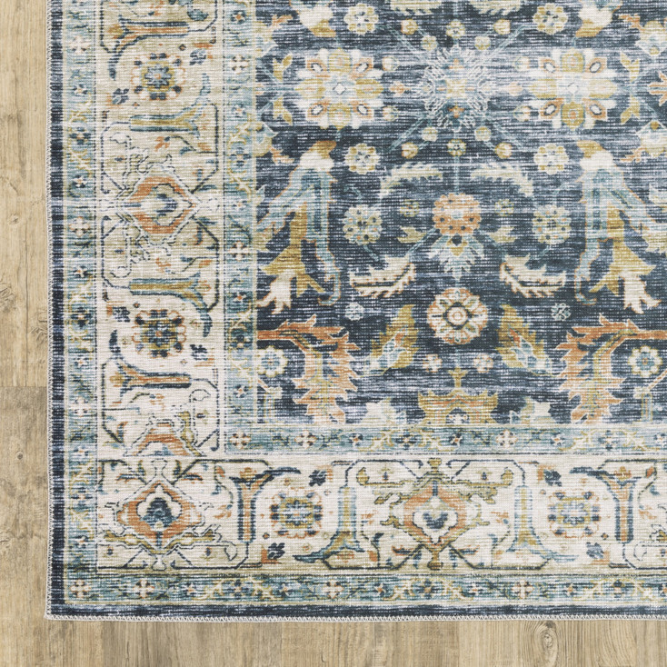 4' x 6' Blue Gold Rust Ivory and Olive Oriental Printed Stain Resistant Non Skid Area Rug