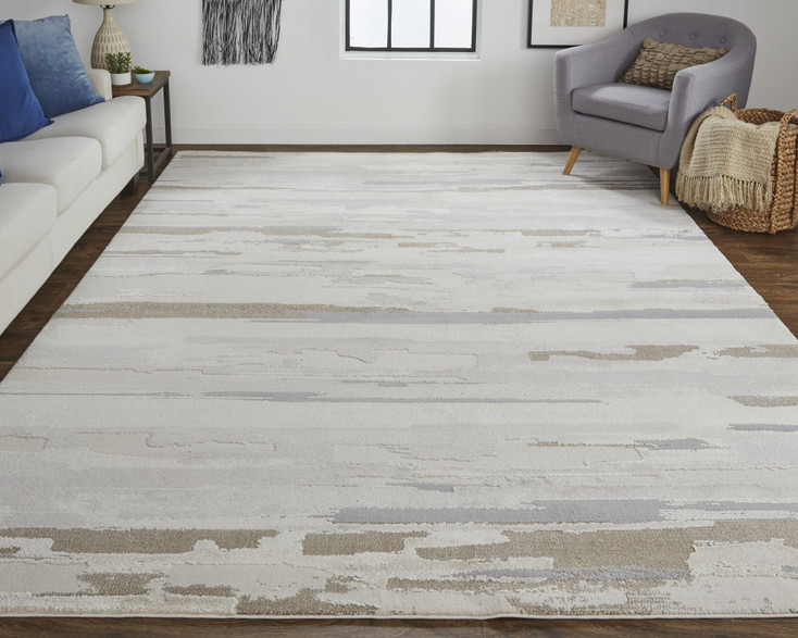 4' x 6' Ivory Tan and Brown Abstract Power Loom Distressed Stain Resistant Area Rug