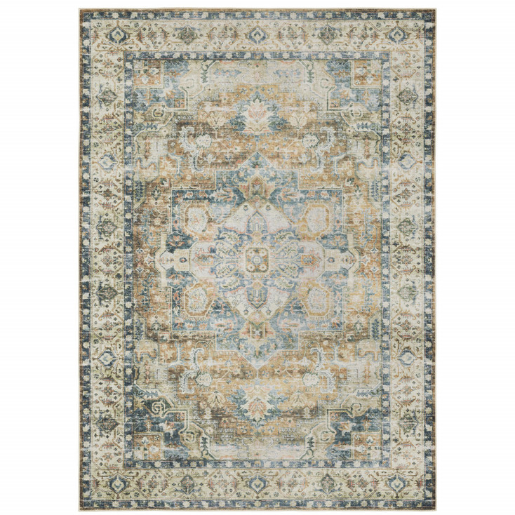 4' x 6' Blue Gold Brown Green and Salmon Oriental Printed Non Skid Area Rug