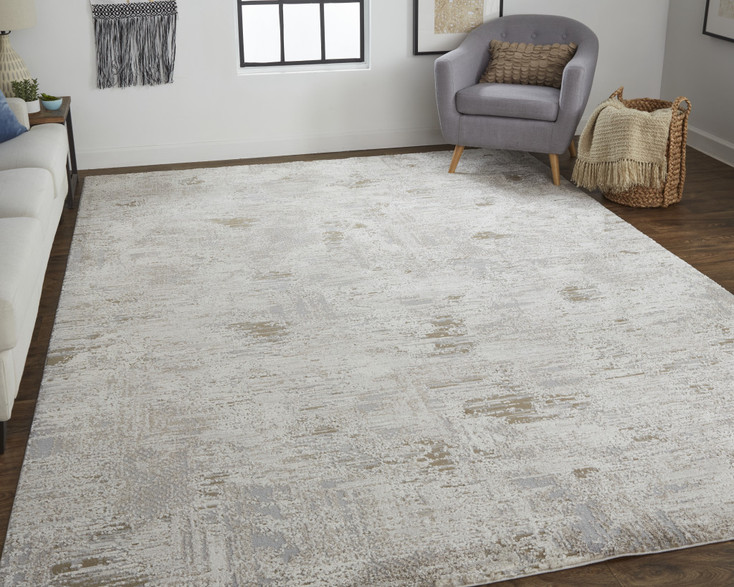 4' x 6' Ivory Gray and Tan Abstract Power Loom Distressed Stain Resistant Area Rug