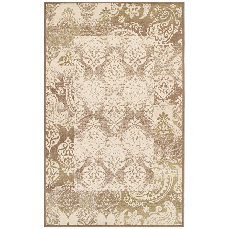 4' x 6' Brown Damask Power Loom Distressed Stain Resistant Area Rug