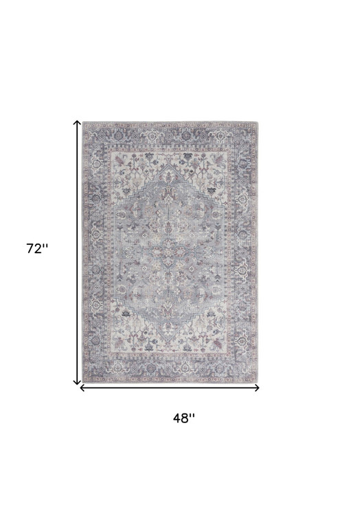 4' x 6' Grey Oriental Power Loom Distressed Washable Area Rug