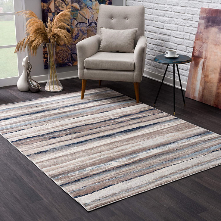 4' x 6' Blue and Beige Distressed Stripes Area Rug