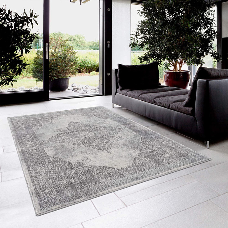 4' x 6' Gray Distressed Medallion Area Rug