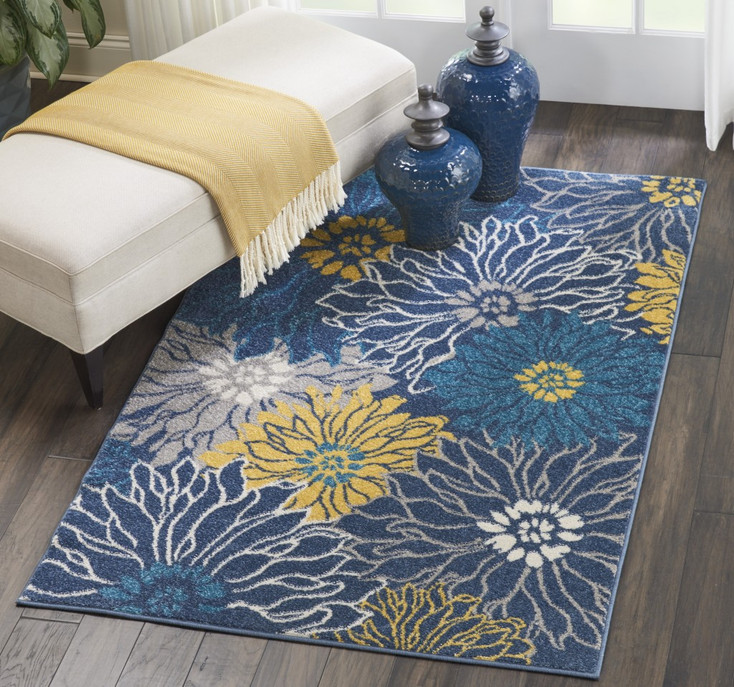 4' x 6' Blue Floral Power Loom Polypropylene Area Rug