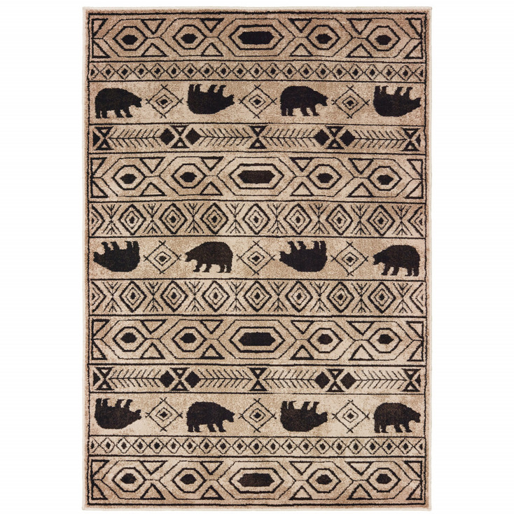 5' x 7' Ivory and Black Southwestern Power Loom Stain Resistant Area Rug