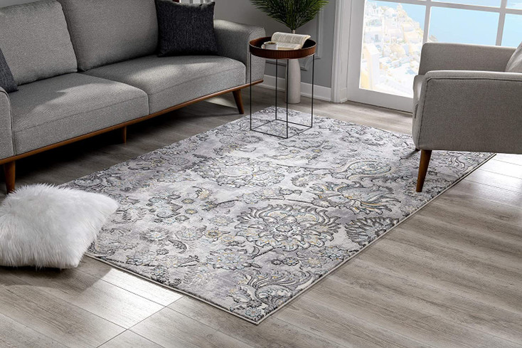 5' x 7' Gray Damask Power Loom Area Rug