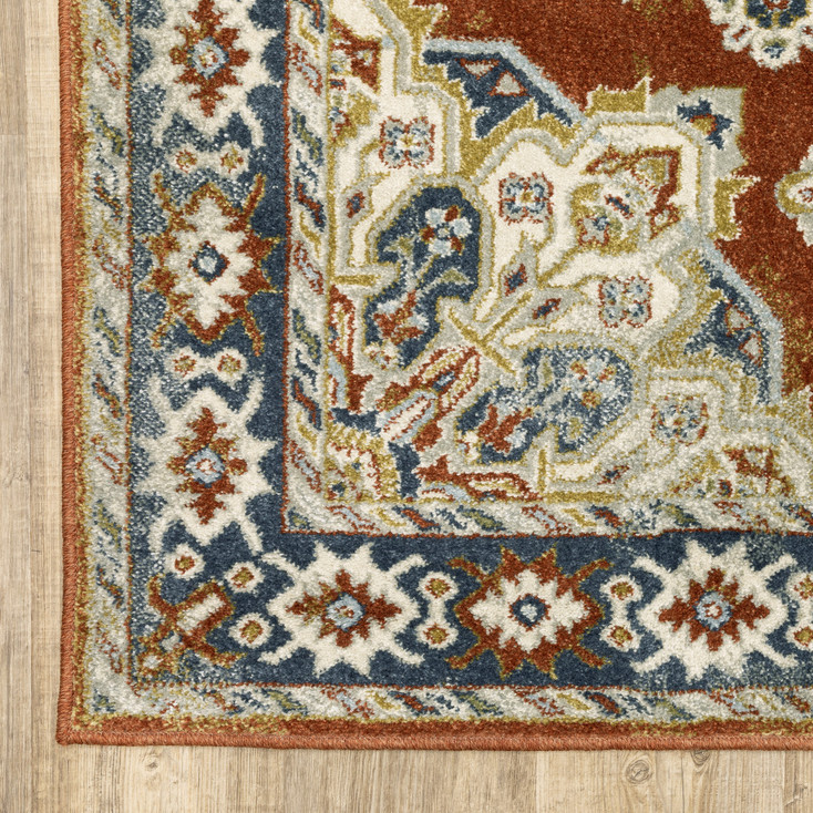 5' x 7' Rust Beige Teal Blue and Gold Oriental Power Loom Stain Resistant Area Rug