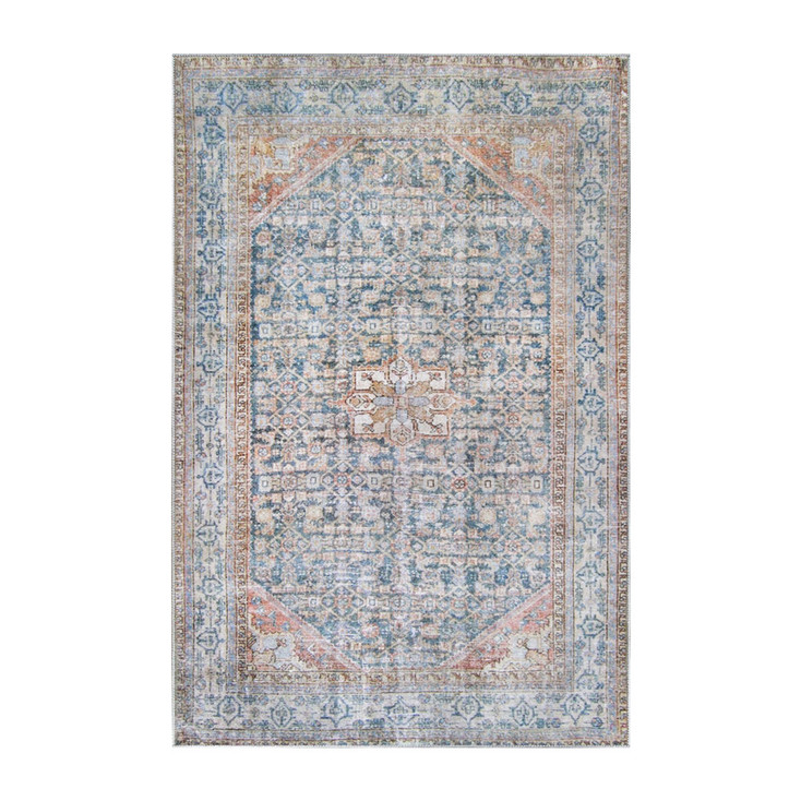5' x 7' Latte and Blue Oriental Medallion Stain Resistant Area Rug