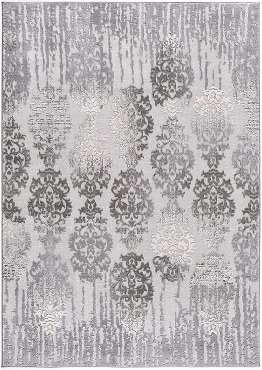 5' x 7' Gray Damask Power Loom Polyester Area Rug
