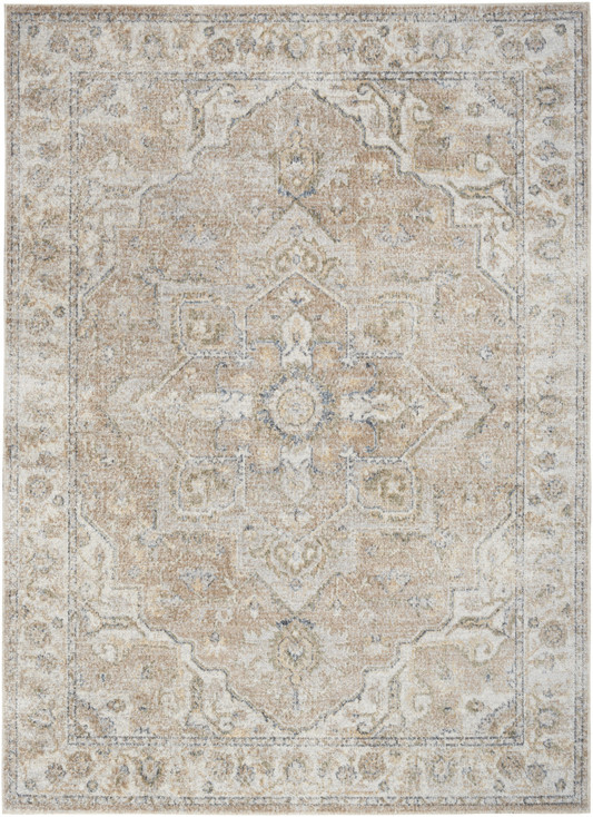 5' x 7' Beige Oriental Power Loom Washable Area Rug