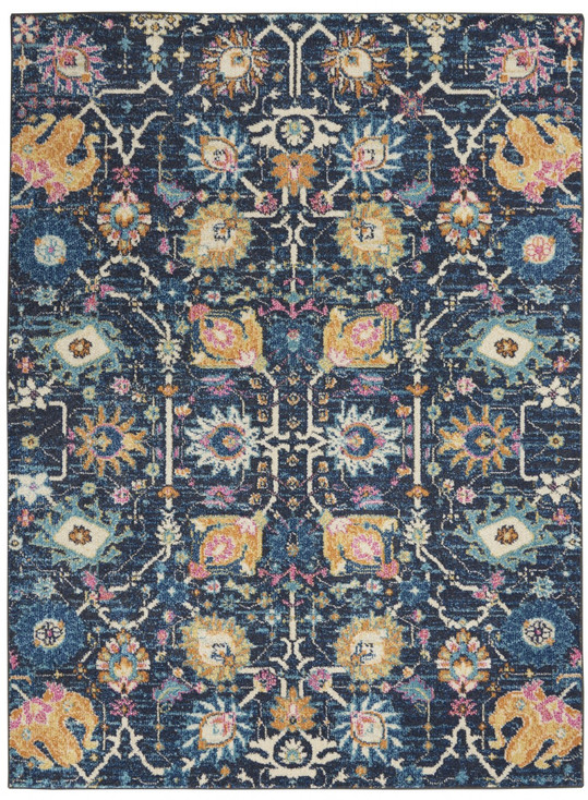 5' x 7' Navy Blue Floral Power Loom Area Rug