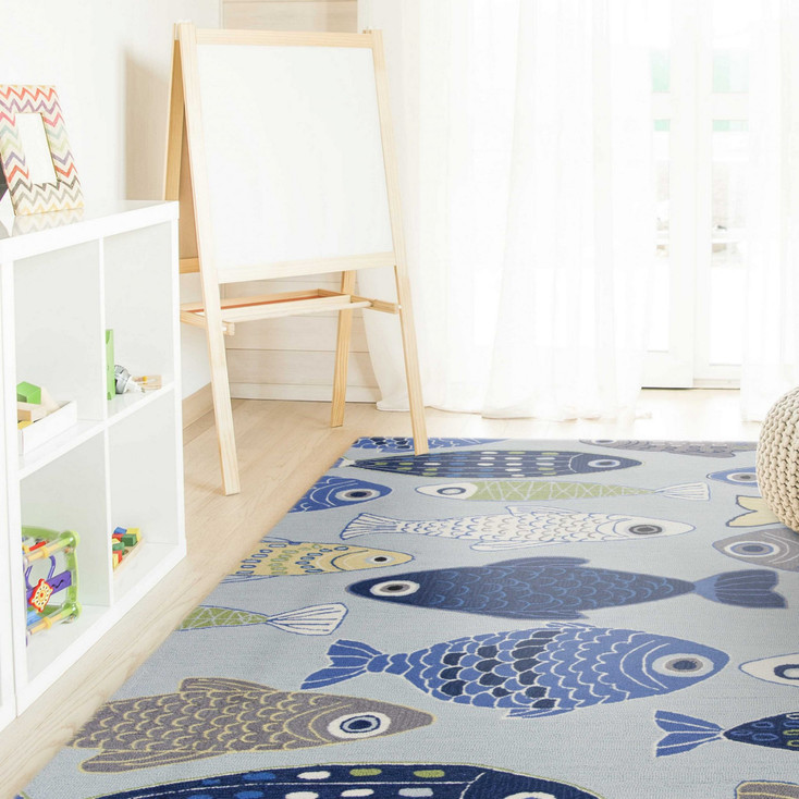 5' x 7' Light Blue School Of Fish Indoor Area Rug
