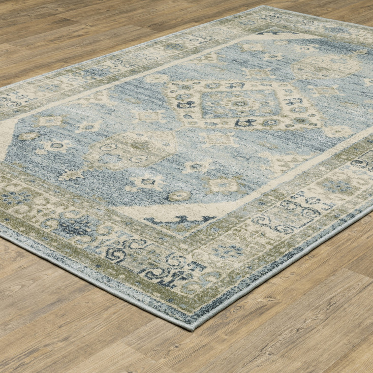 5' x 7' Blue Grey Beige and Teal Oriental Power Loom Stain Resistant Area Rug