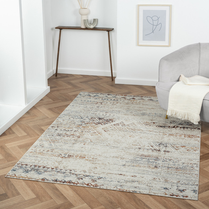 5' x 7' Ivory Tribal Distressed Washable Area Rug
