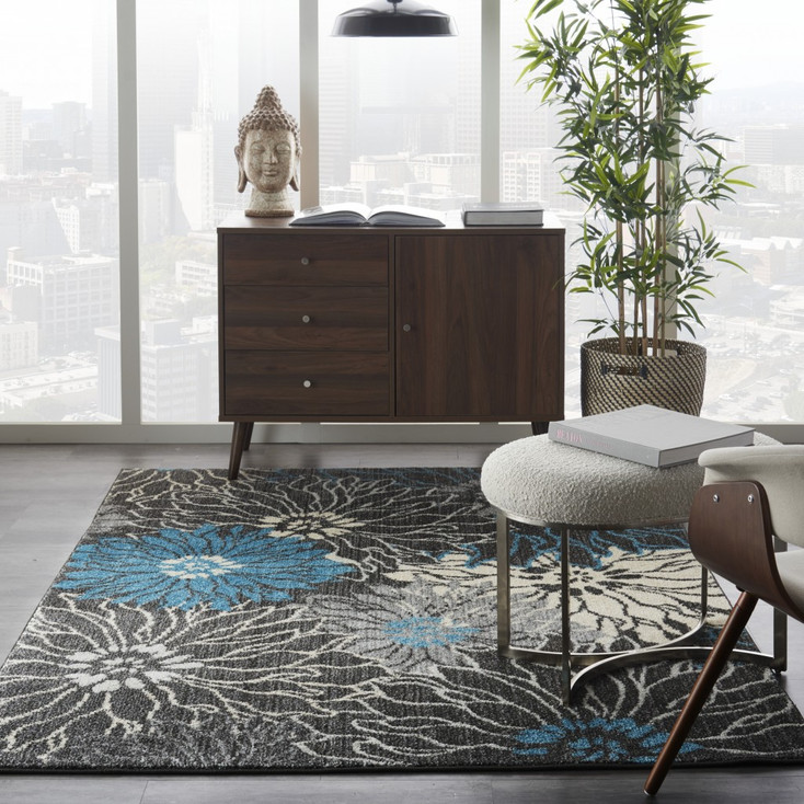 5' x 7' Blue and Gray Floral Power Loom Area Rug