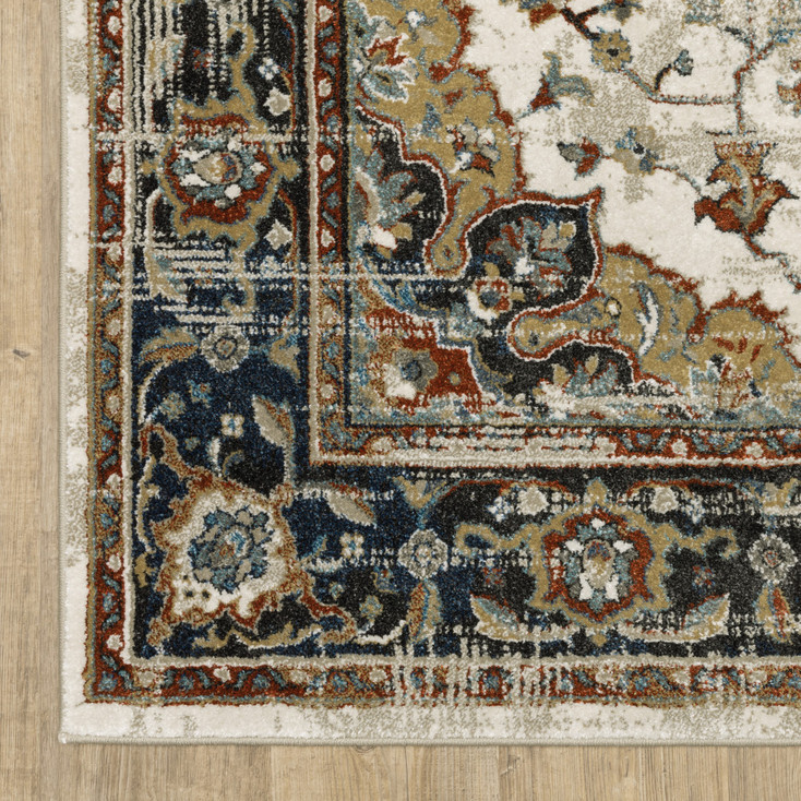 5' x 7' Beige Blue Green Rust and Grey Oriental Power Loom Stain Resistant Area Rug