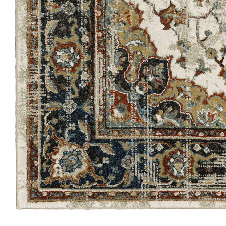 5' x 7' Beige Blue Green Rust and Grey Oriental Power Loom Stain Resistant Area Rug