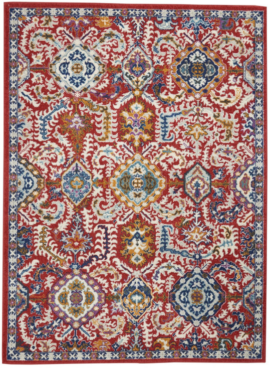 5' x 7' Red and Ivory Damask Power Loom Area Rug