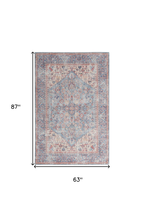 5' x 7' Blue Oriental Power Loom Distressed Washable Polypropylene Area Rug