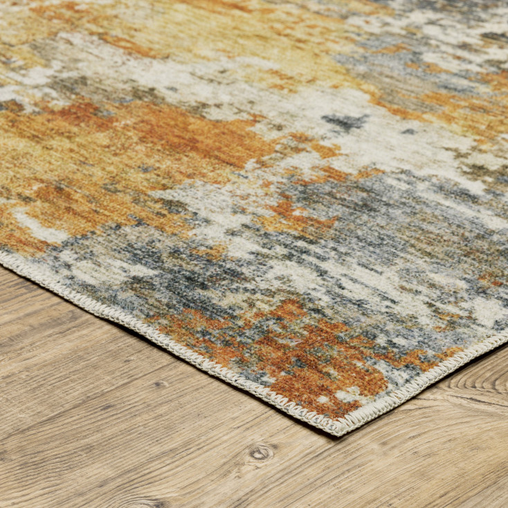 5' x 7' Teal Blue Orange Gold Grey Tan Brown and Beige Abstract Printed Non Skid Area Rug