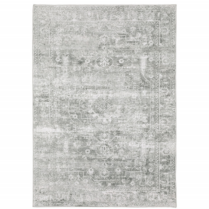 5' x 7' Sage Green Grey Ivory and Silver Oriental Printed Non Skid Area Rug