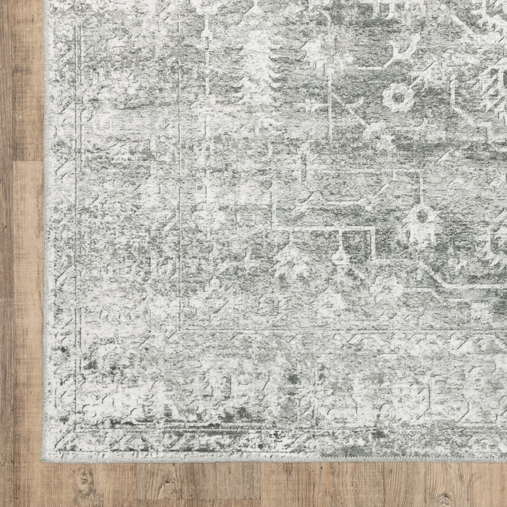 5' x 7' Sage Green Grey Ivory and Silver Oriental Printed Non Skid Area Rug