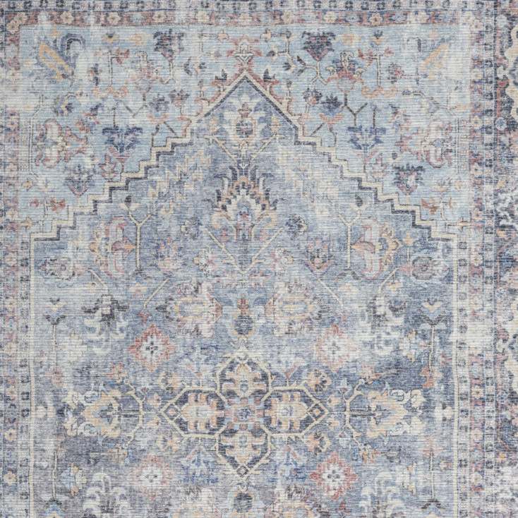 5' x 7' Light Grey and Blue Oriental Power Loom Distressed Washable Area Rug