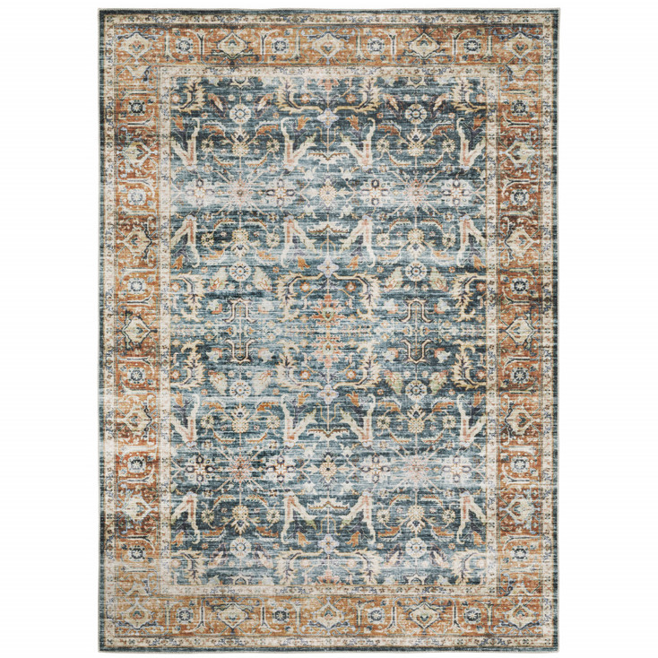 5' x 7' Blue Rust Gold and Olive Oriental Printed Stain Resistant Non Skid Area Rug