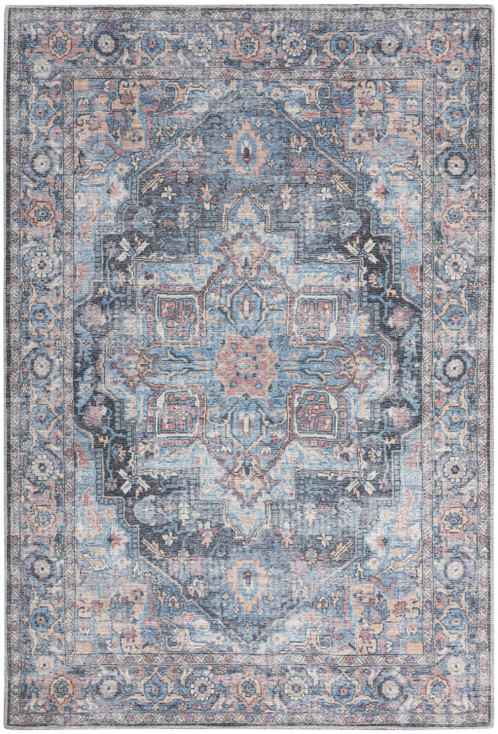 5' x 7' Light Blue Oriental Power Loom Distressed Washable Area Rug