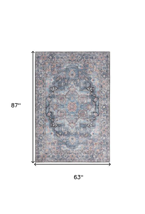 5' x 7' Light Blue Oriental Power Loom Distressed Washable Area Rug