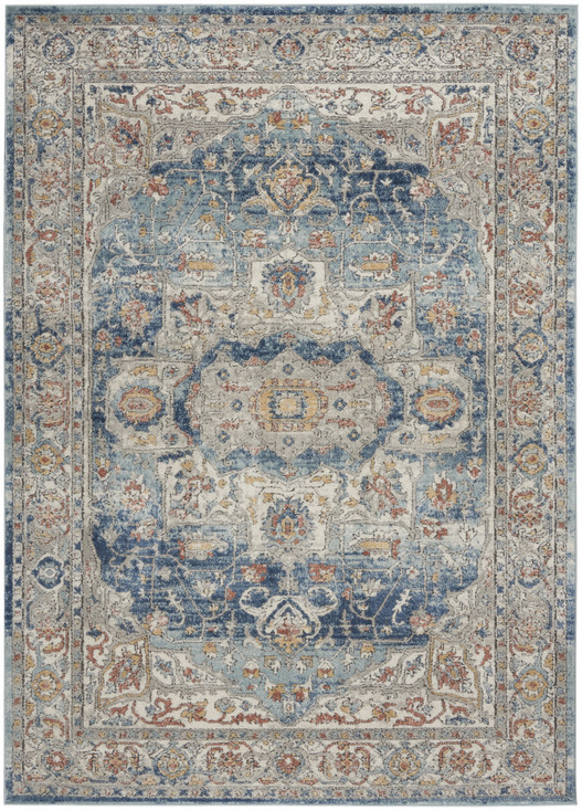 5' x 7' Ivory and Blue Oriental Power Loom Non Skid Area Rug