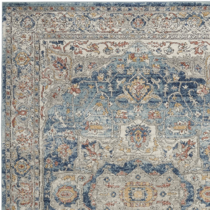 5' x 7' Ivory and Blue Oriental Power Loom Non Skid Area Rug