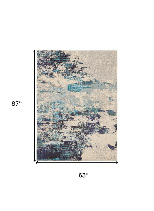 5' x 7' Ivory and Teal Blue Abstract Power Loom Non Skid Area Rug