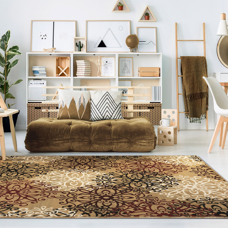 5' x 8' Gold and Gray Medallion Power Loom Stain Resistant Area Rug