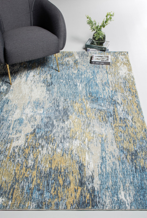 5' x 8' Blue & Gold Abstract Dhurrie Area Rug