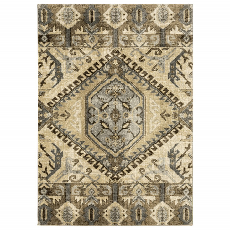 5' x 8' Tan and Gold Central Medallion Indoor Area Rug