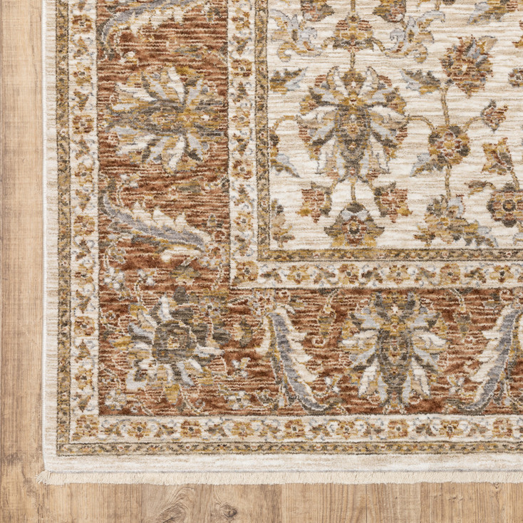 5' x 8' Rust and Ivory Oriental Power Loom Stain Resistant Area Rug with Fringe
