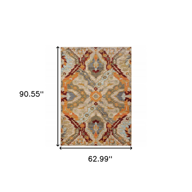 5' x 8' Beige Orange Blue Gold and Grey Abstract Power Loom Stain Resistant Area Rug