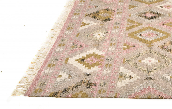 5' x 8' Pink Gold and Taupe Wool Geometric Dhurrie Flat Weave Handmade Area Rug