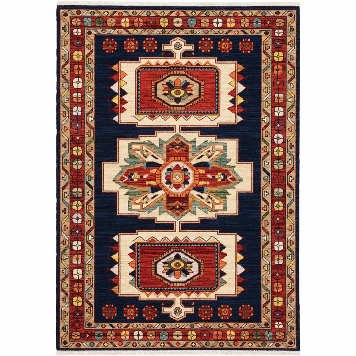 5' x 8' Blue Red Machine Woven Medallions Indoor Area Rug