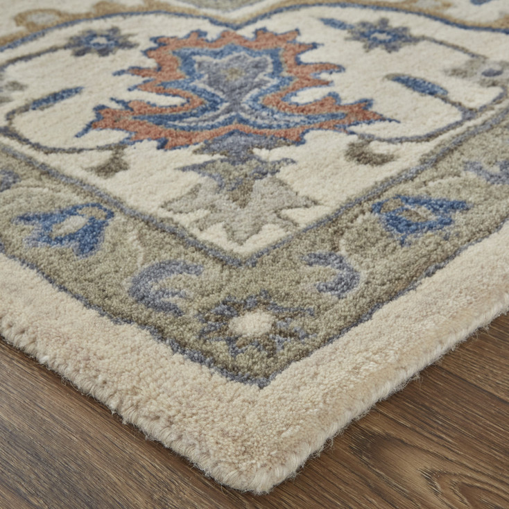 5' x 8' Taupe Ivory and Blue Wool Floral Tufted Handmade Stain Resistant Area Rug