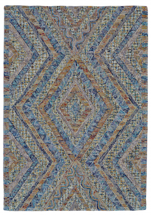 5' x 8' Blue Brown and Orange Wool Geometric Tufted Handmade Stain Resistant Area Rug