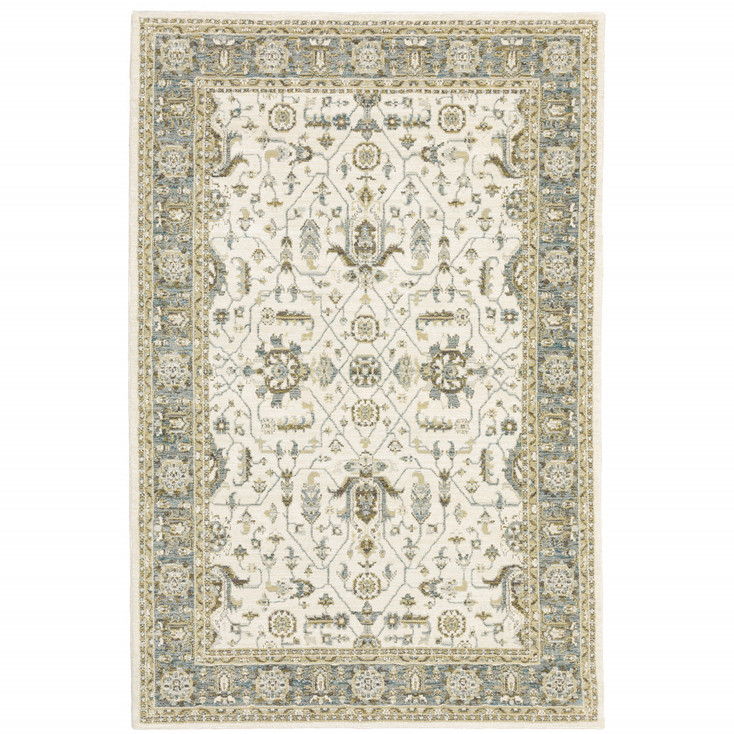 5' x 8' Ivory Grey and Blue Oriental Power Loom Stain Resistant Area Rug
