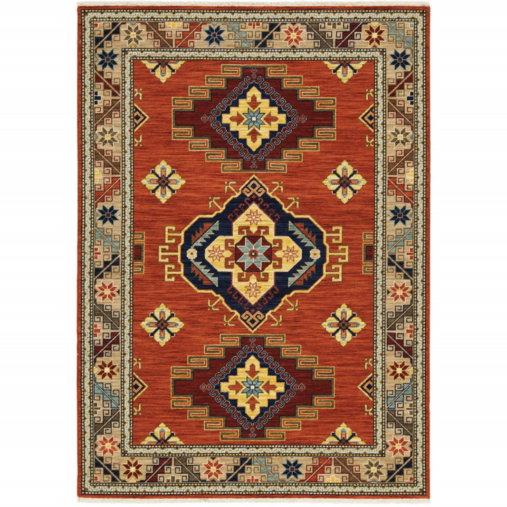 5' x 8' Red Gold Blue Brown Oriental Power Loom Stain Resistant Area Rug with Fringe