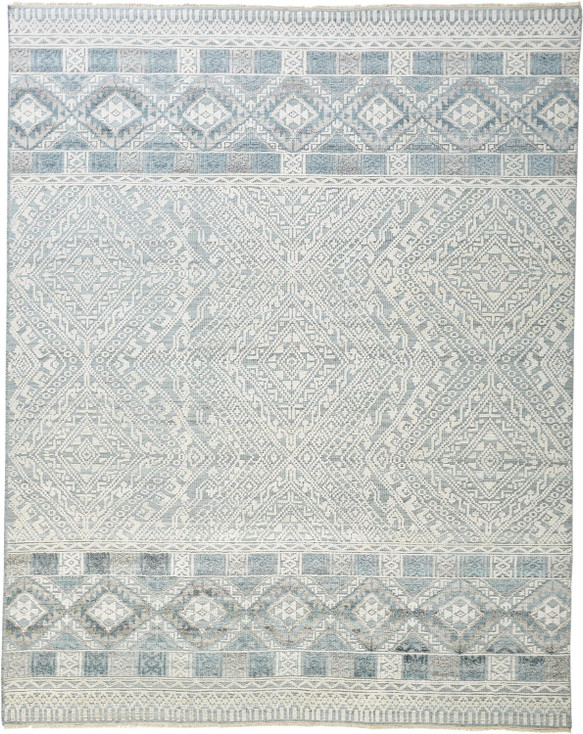 5' x 8' Ivory Blue and Gray Geometric Hand Knotted Area Rug