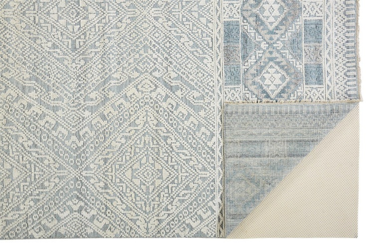 5' x 8' Ivory Blue and Gray Geometric Hand Knotted Area Rug