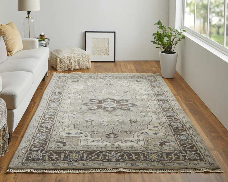 5' x 8' Gray Taupe and Blue Wool Floral Hand Knotted Stain Resistant Area Rug